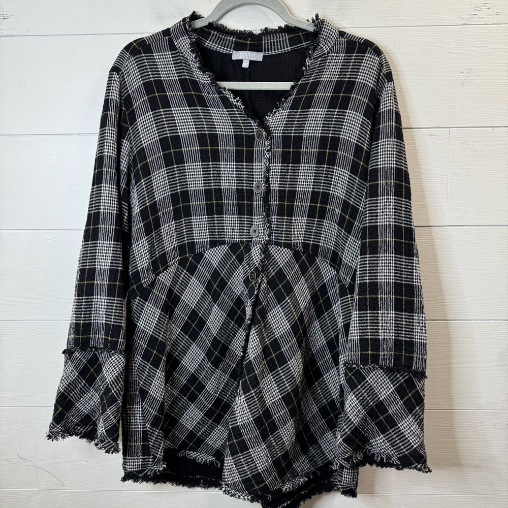 Habitat | Plaid Gauzy Lagenlook Button-Down Tunic Top With A Raw Hem Size Small